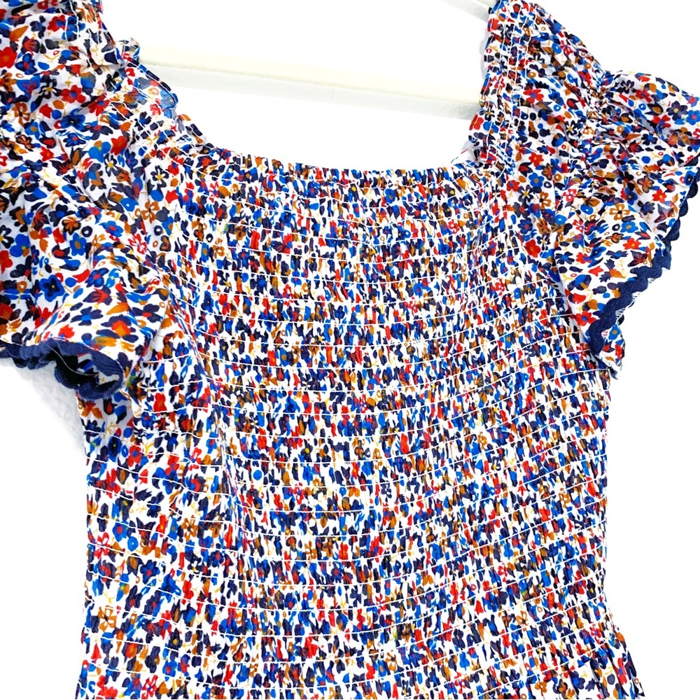 Tory Burch Wildflower Floral Tiered Off shoulder Smoked Navy piping Midi Dress S - Picture 10 of 17